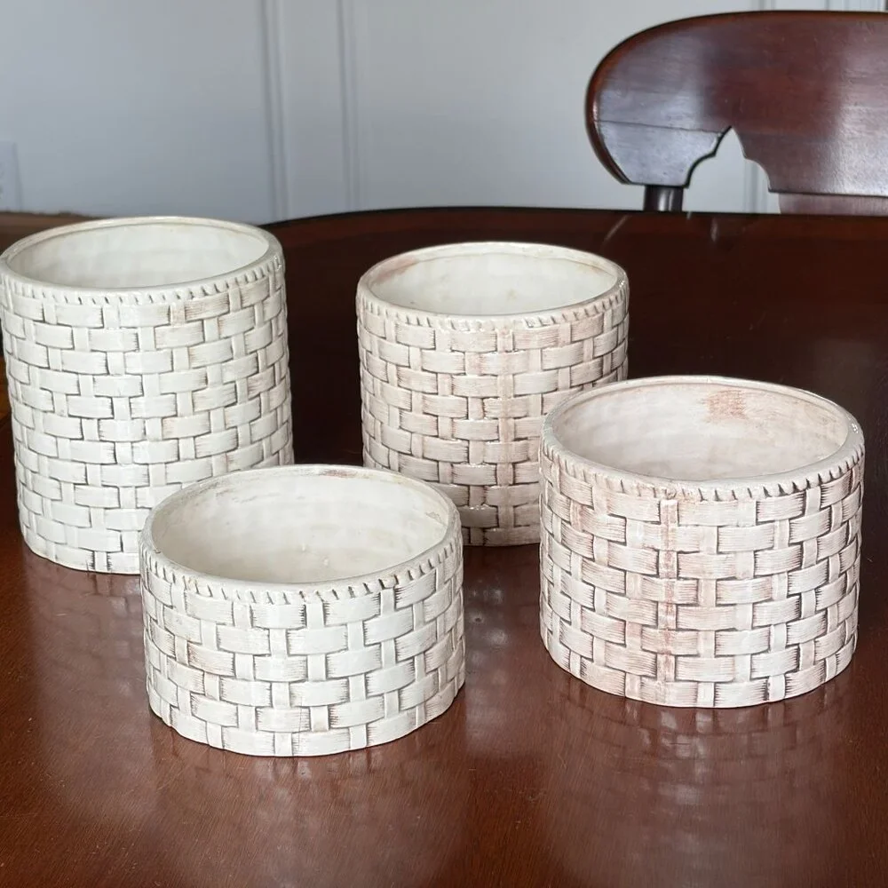 Vintage Set of 4 Faux Basket Weave Ceramic Planters Cachepots Farmhouse Rustic - Picture 3 of 11